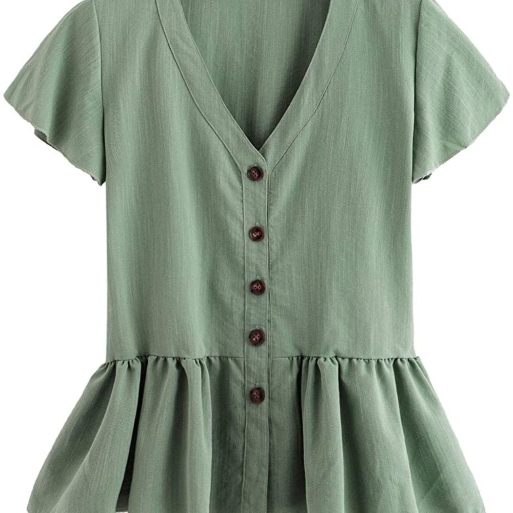 Verdusa Women's Casual V Neck Single Breasted Ruffle Hem Peplum Blouse Tops